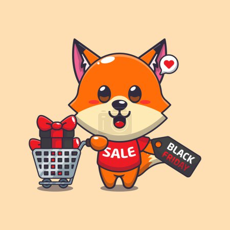 Illustration for Cute fox with shopping cart and discount coupon black friday sale cartoon vector illustration - Royalty Free Image