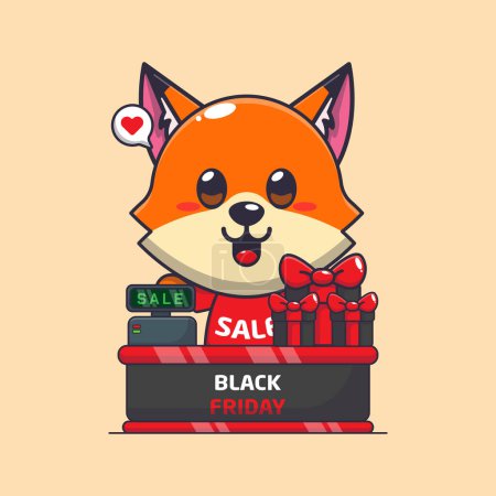 Illustration for Cute fox with cashier table in black friday sale cartoon vector illustration - Royalty Free Image