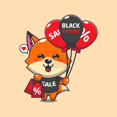 Illustration for Cute fox with shopping bag and balloon at black friday sale cartoon vector illustration - Royalty Free Image