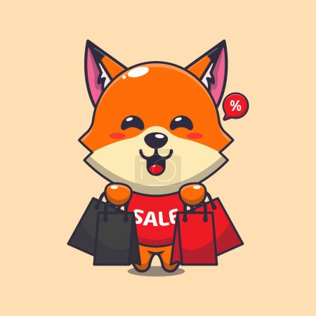 Illustration for Cute fox with shopping bag in black friday sale cartoon vector illustration - Royalty Free Image