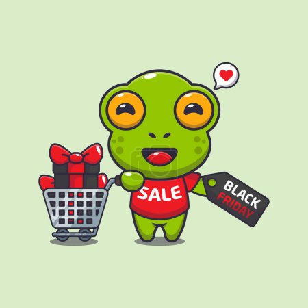 Illustration for Cute frog with shopping cart and discount coupon black friday sale cartoon vector illustration - Royalty Free Image