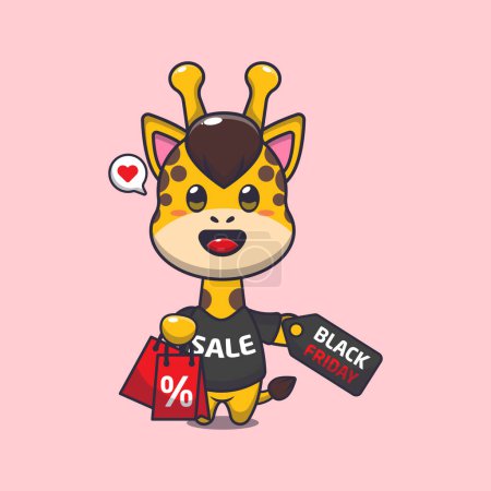 Illustration for Cute giraffe with shopping bag and black friday sale discount cartoon vector illustration - Royalty Free Image