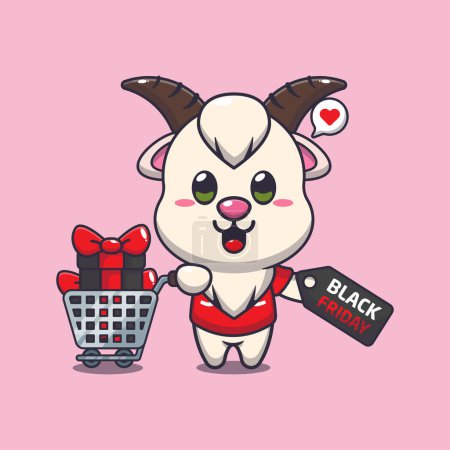 Illustration for Cute goat with shopping cart and discount coupon black friday sale cartoon vector illustration - Royalty Free Image