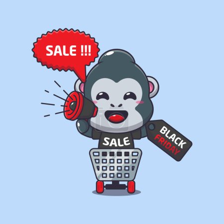 Téléchargez les illustrations : Gorille mignon dans le panier fait la promotion de la vente de vendredi noir avec illustration vectorielle de dessin animé mégaphone - en licence libre de droit