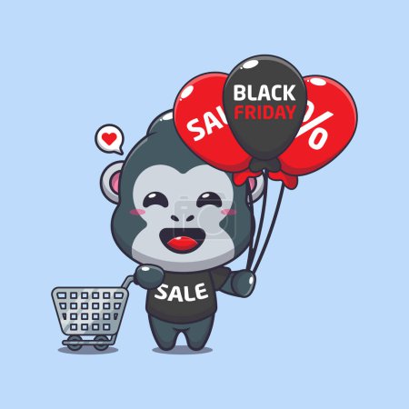 Illustration for Cute gorilla with shopping cart and balloon at black friday sale cartoon vector illustration - Royalty Free Image