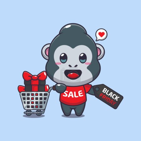 Illustration for Cute gorilla with shopping cart and discount coupon black friday sale cartoon vector illustration - Royalty Free Image