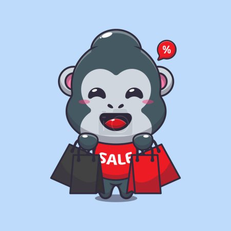 Téléchargez les illustrations : Mignon gorille avec sac à provisions en noir vendredi vente dessin animé vectoriel illustration - en licence libre de droit
