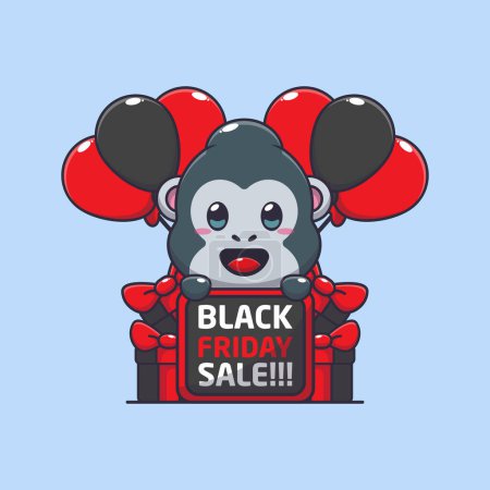Téléchargez les illustrations : Mignon gorille heureux en noir vendredi vente dessin animé vecteur illustration - en licence libre de droit