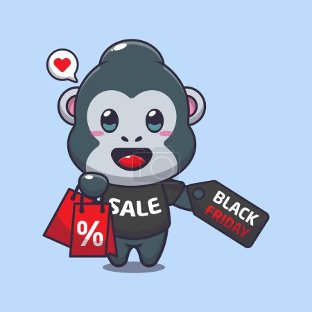 Ilustración de Lindo gorila con bolsa de compras y negro viernes venta descuento ilustración vectorial de dibujos animados - Imagen libre de derechos