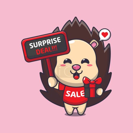 Illustration for Cute hedgehog with promotion sign and gift box in black friday sale cartoon vector illustration - Royalty Free Image