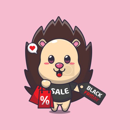 Illustration for Cute hedgehog with shopping bag and black friday sale discount cartoon vector illustration - Royalty Free Image