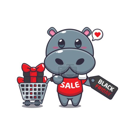Téléchargez les illustrations : Mignon hippopotame avec panier et coupon de réduction noir vendredi vente dessin animé vecteur illustration - en licence libre de droit