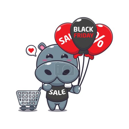Ilustración de Lindo hipopótamo con carrito de compras y globo en negro viernes venta ilustración vector de dibujos animados - Imagen libre de derechos