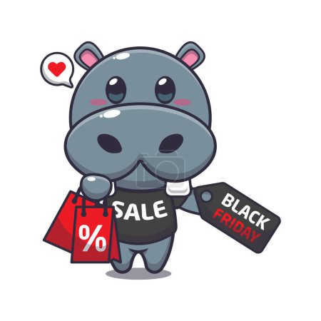 Téléchargez les illustrations : Mignon hippopotame avec sac à provisions et noir vendredi vente discount dessin animé vectoriel illustration - en licence libre de droit