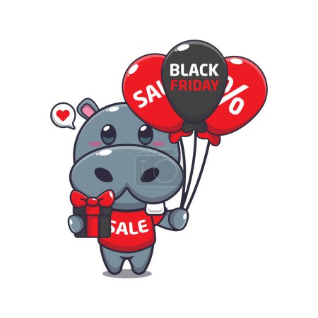 Illustration for Cute hippo with gifts and balloons in black friday sale cartoon vector illustration - Royalty Free Image