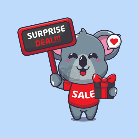 Téléchargez les illustrations : Mignon koala avec signe de promotion et boîte cadeau en noir vendredi vente dessin animé vectoriel illustration - en licence libre de droit