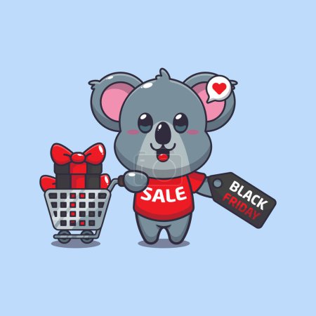 Téléchargez les illustrations : Mignon koala avec panier et coupon de réduction noir vendredi vente dessin animé vecteur illustration - en licence libre de droit