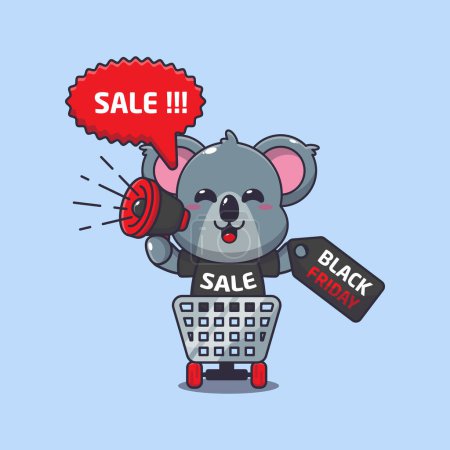 Téléchargez les illustrations : Mignon koala dans le panier fait la promotion de la vente de vendredi noir avec illustration vectorielle de dessin animé mégaphone - en licence libre de droit