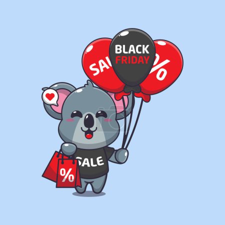 Illustration for Cute koala with shopping bag and balloon at black friday sale cartoon vector illustration - Royalty Free Image