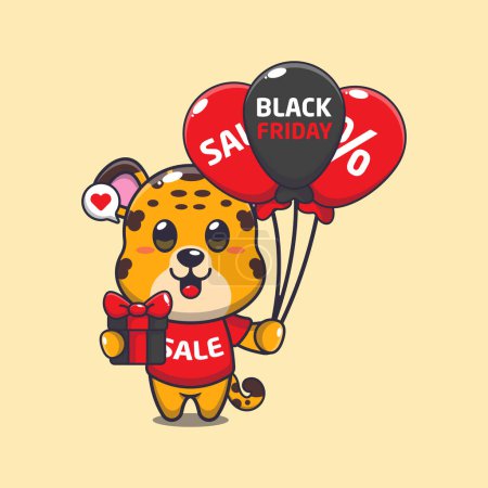 Téléchargez les illustrations : Mignon léopard avec des cadeaux et des ballons en noir vendredi vente dessin animé vectoriel illustration - en licence libre de droit
