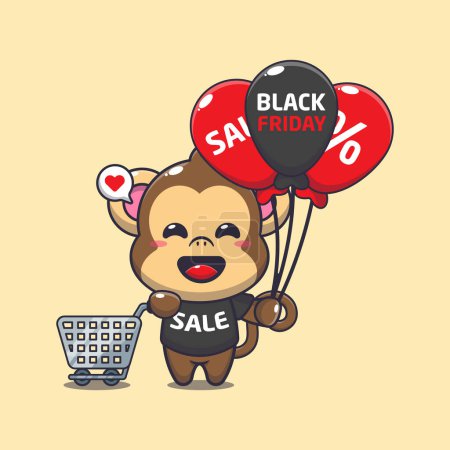 Téléchargez les illustrations : Mignon singe avec panier et ballon à noir vendredi vente dessin animé vectoriel illustration - en licence libre de droit
