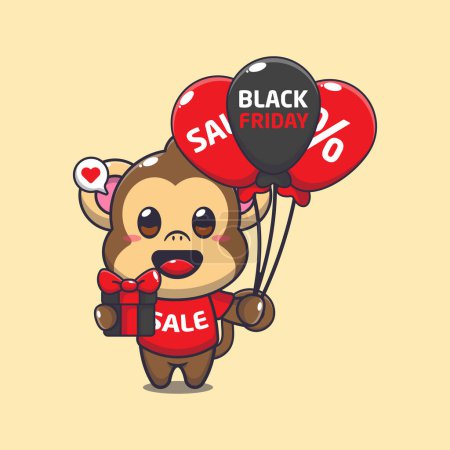 Ilustración de Mono lindo con regalos y globos en negro viernes venta ilustración vectorial de dibujos animados - Imagen libre de derechos