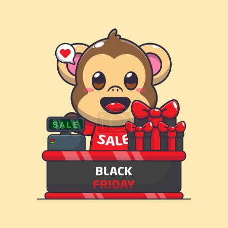Illustration for Cute monkey with cashier table in black friday sale cartoon vector illustration - Royalty Free Image