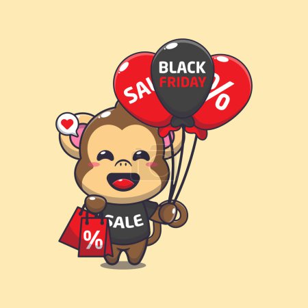 Téléchargez les photos : Mignon singe avec sac à provisions et ballon à noir vendredi vente dessin animé vecteur illustration - en image libre de droit