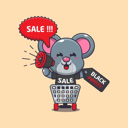 Illustration for Cute mouse in shopping cart is promoting black friday sale with megaphone cartoon vector illustration - Royalty Free Image