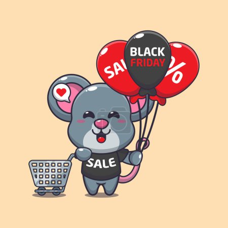 Illustration for Cute mouse with shopping cart and balloon at black friday sale cartoon vector illustration - Royalty Free Image
