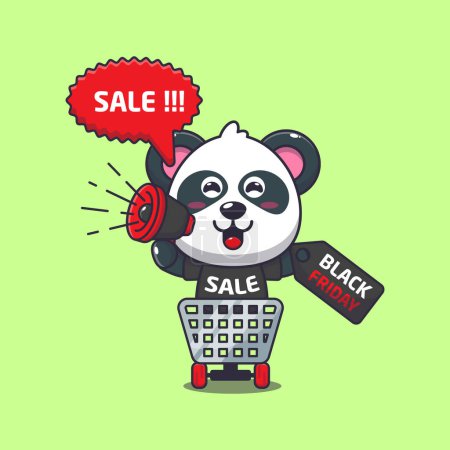 Téléchargez les illustrations : Mignon panda dans le panier fait la promotion de la vente de vendredi noir avec illustration vectorielle de dessin animé mégaphone - en licence libre de droit
