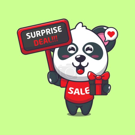 Téléchargez les illustrations : Mignon panda avec signe de promotion et boîte cadeau en noir vendredi vente dessin animé vectoriel illustration - en licence libre de droit