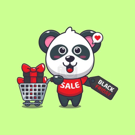 Téléchargez les illustrations : Mignon panda avec panier et coupon de réduction noir vendredi vente dessin animé vecteur illustration - en licence libre de droit