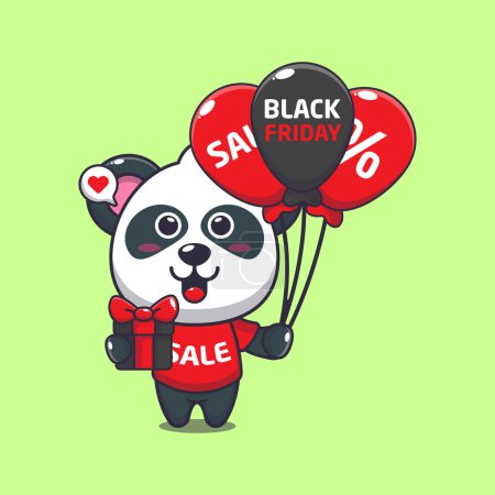 Téléchargez les illustrations : Mignon panda avec des cadeaux et des ballons en noir vendredi vente dessin animé vectoriel illustration - en licence libre de droit