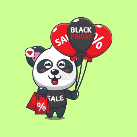 Téléchargez les illustrations : Mignon panda avec sac à provisions et ballon à noir vendredi vente dessin animé vecteur illustration - en licence libre de droit