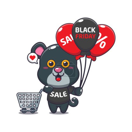 Illustration for Cute panther with shopping cart and balloon at black friday sale cartoon vector illustration - Royalty Free Image