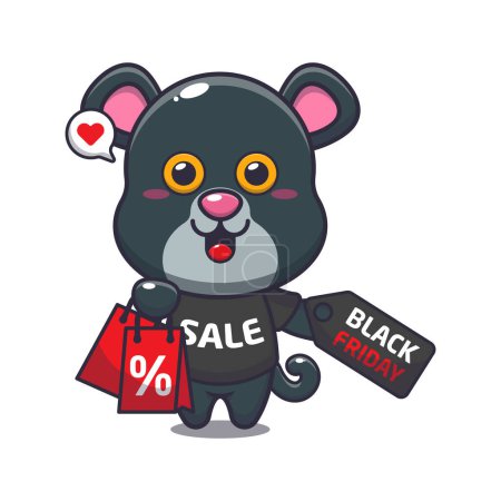 Illustration for Cute panther with shopping bag and black friday sale discount cartoon vector illustration - Royalty Free Image
