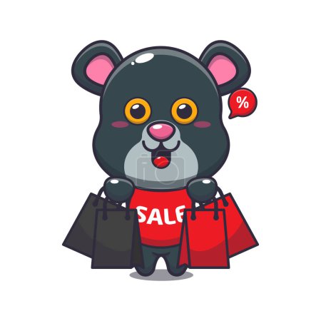 Illustration for Cute panther with shopping bag in black friday sale cartoon vector illustration - Royalty Free Image