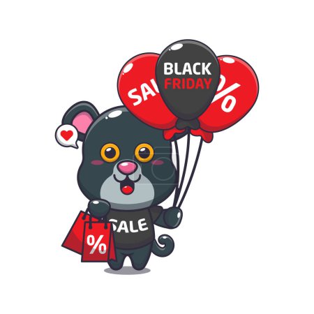 Ilustración de Linda pantera con bolsa de compras y globo en negro viernes venta ilustración vector de dibujos animados - Imagen libre de derechos