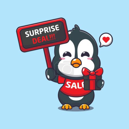 Téléchargez les illustrations : Mignon pingouin avec signe de promotion et boîte cadeau en noir vendredi vente dessin animé vectoriel illustration - en licence libre de droit