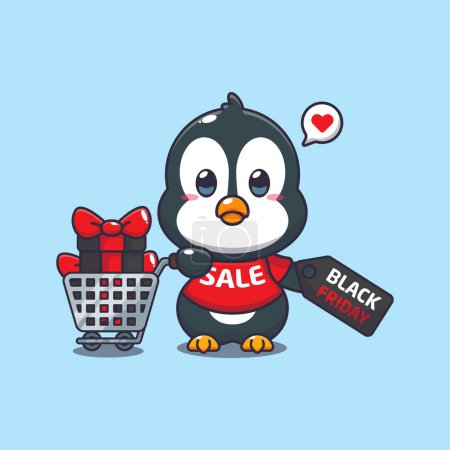 Téléchargez les illustrations : Mignon pingouin avec panier et coupon de réduction noir vendredi vente dessin animé vecteur illustration - en licence libre de droit
