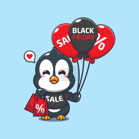 Téléchargez les illustrations : Mignon pingouin avec sac à provisions et ballon à noir vendredi vente dessin animé vecteur illustration - en licence libre de droit