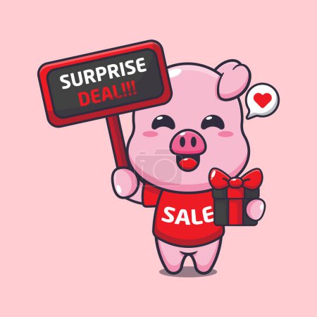 Ilustración de Lindo cerdo con signo de promoción y caja de regalo en negro viernes venta ilustración vector de dibujos animados - Imagen libre de derechos