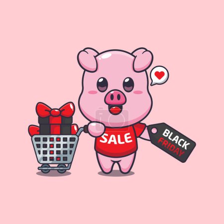 Illustration for Cute pig with shopping cart and discount coupon black friday sale cartoon vector illustration - Royalty Free Image