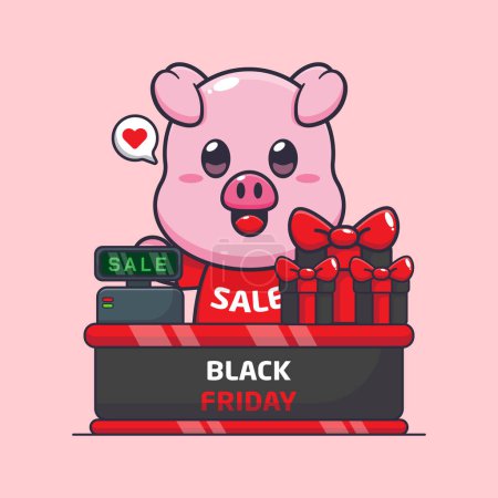 Téléchargez les illustrations : Cochon mignon avec table de caissier en noir vendredi vente dessin animé vectoriel illustration - en licence libre de droit
