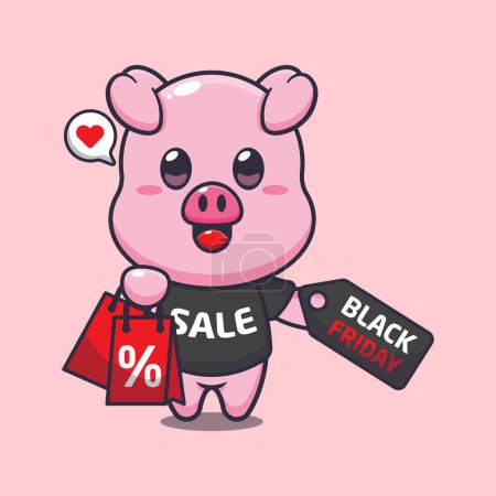 Ilustración de Lindo cerdo con bolsa de compras y negro viernes venta descuento ilustración vectorial de dibujos animados - Imagen libre de derechos