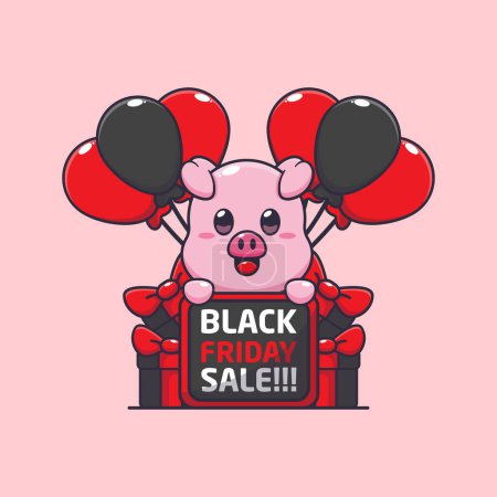Téléchargez les photos : Mignon cochon heureux en noir vendredi vente dessin animé vecteur illustration - en image libre de droit