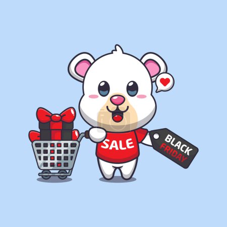 Ilustración de Lindo oso polar con carrito de compras y cupón de descuento negro viernes venta ilustración vector de dibujos animados - Imagen libre de derechos