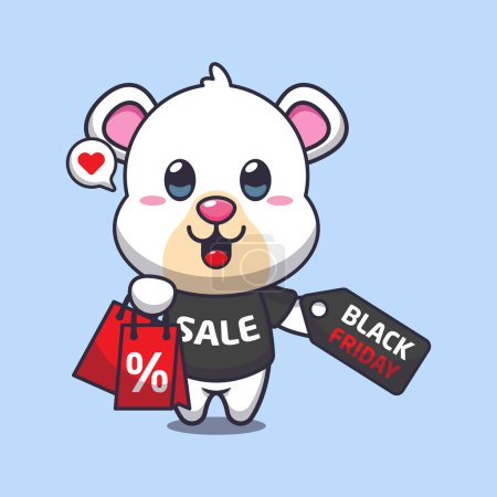 Illustration for Cute polar bear with shopping bag and black friday sale discount cartoon vector illustration - Royalty Free Image