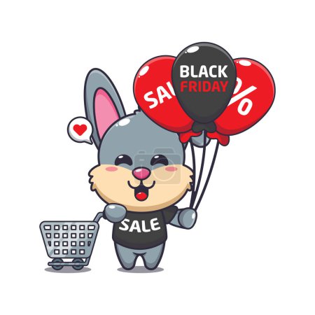 Téléchargez les illustrations : Mignon lapin avec panier et ballon à noir vendredi vente dessin animé vecteur illustration - en licence libre de droit